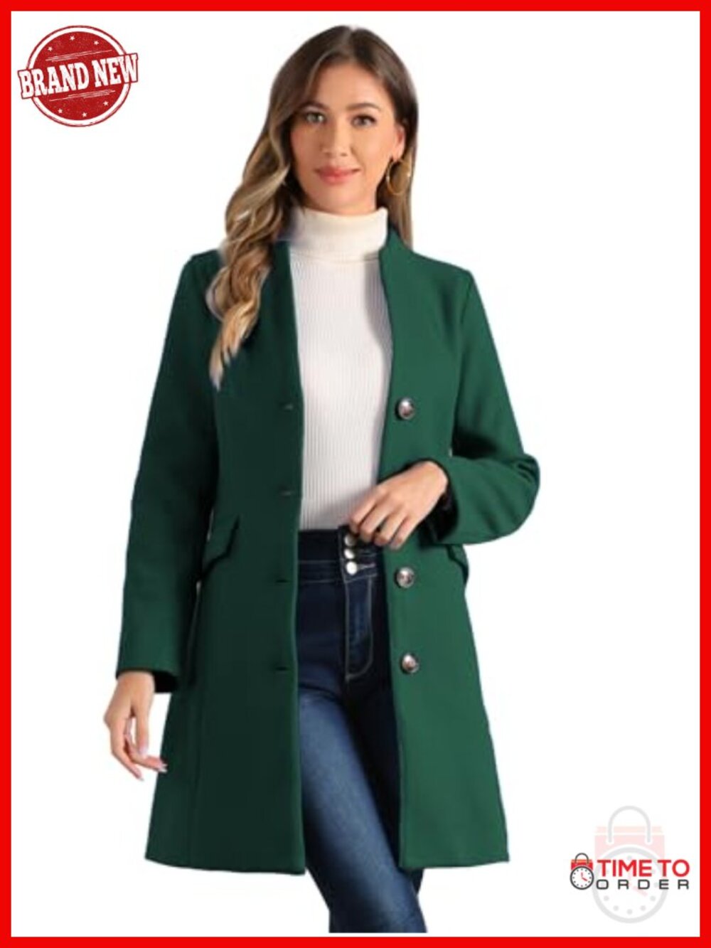 Elegant V-Neck Single Breasted Long Pea Coat with Slant Pockets